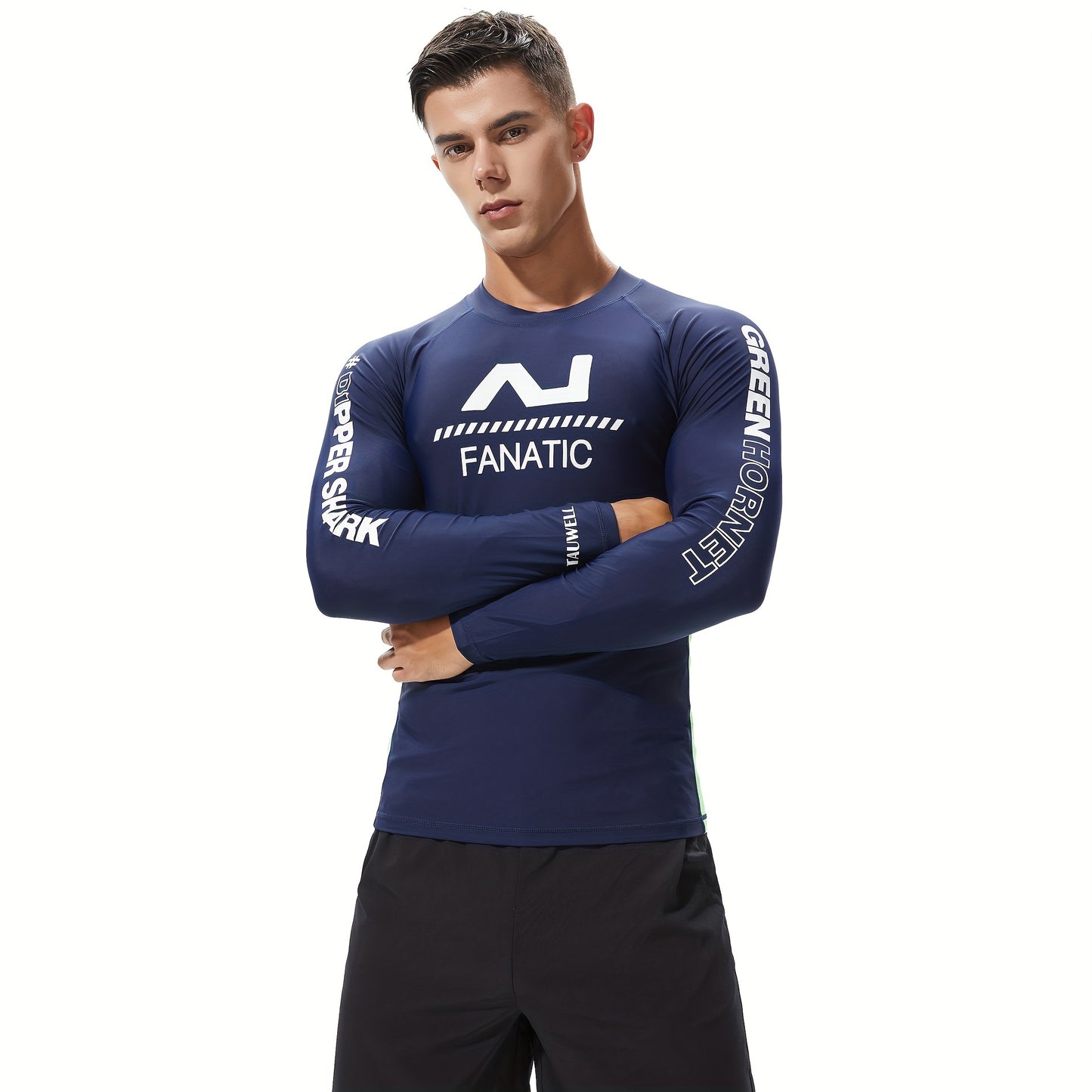 Letter Print Men's Skinny High Stretch Round Neck Top For Beach And Pool, Water Sports