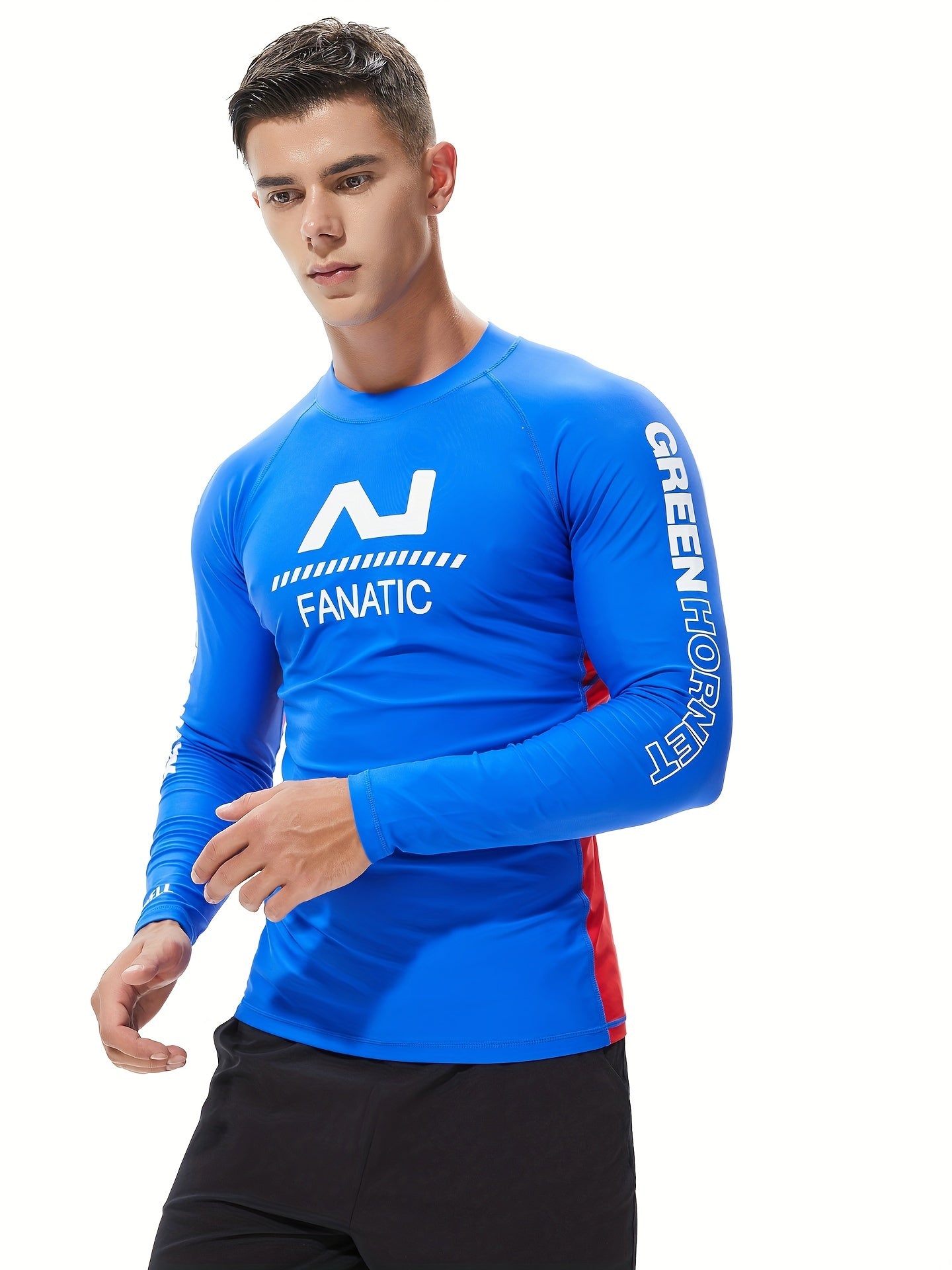 Letter Print Men's Skinny High Stretch Round Neck Top For Beach And Pool, Water Sports