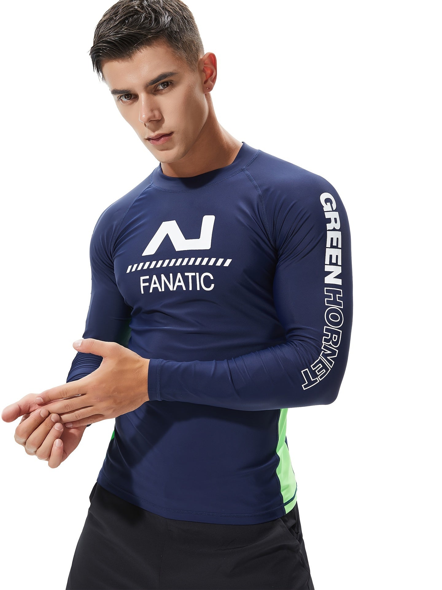 Letter Print Men's Skinny High Stretch Round Neck Top For Beach And Pool, Water Sports