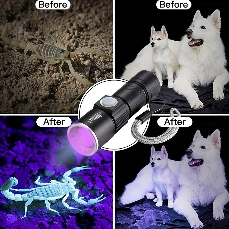 One UV 395nm flashlight, USB rechargeable, adjustable focus UV light, 3-speed mini flashlight, UV light, used for pet detection light, home, outdoor, camping, fishing light