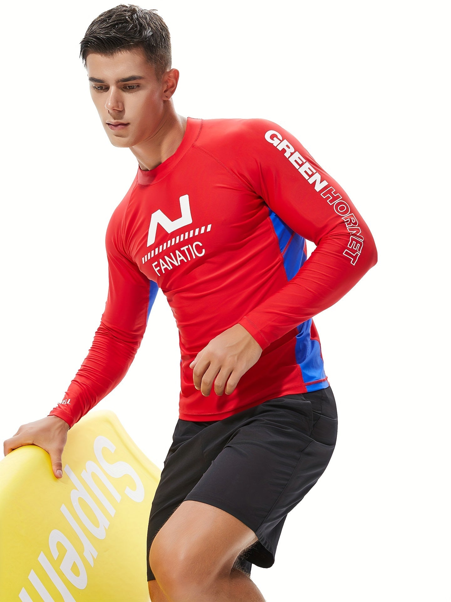 Letter Print Men's Skinny High Stretch Round Neck Top For Beach And Pool, Water Sports