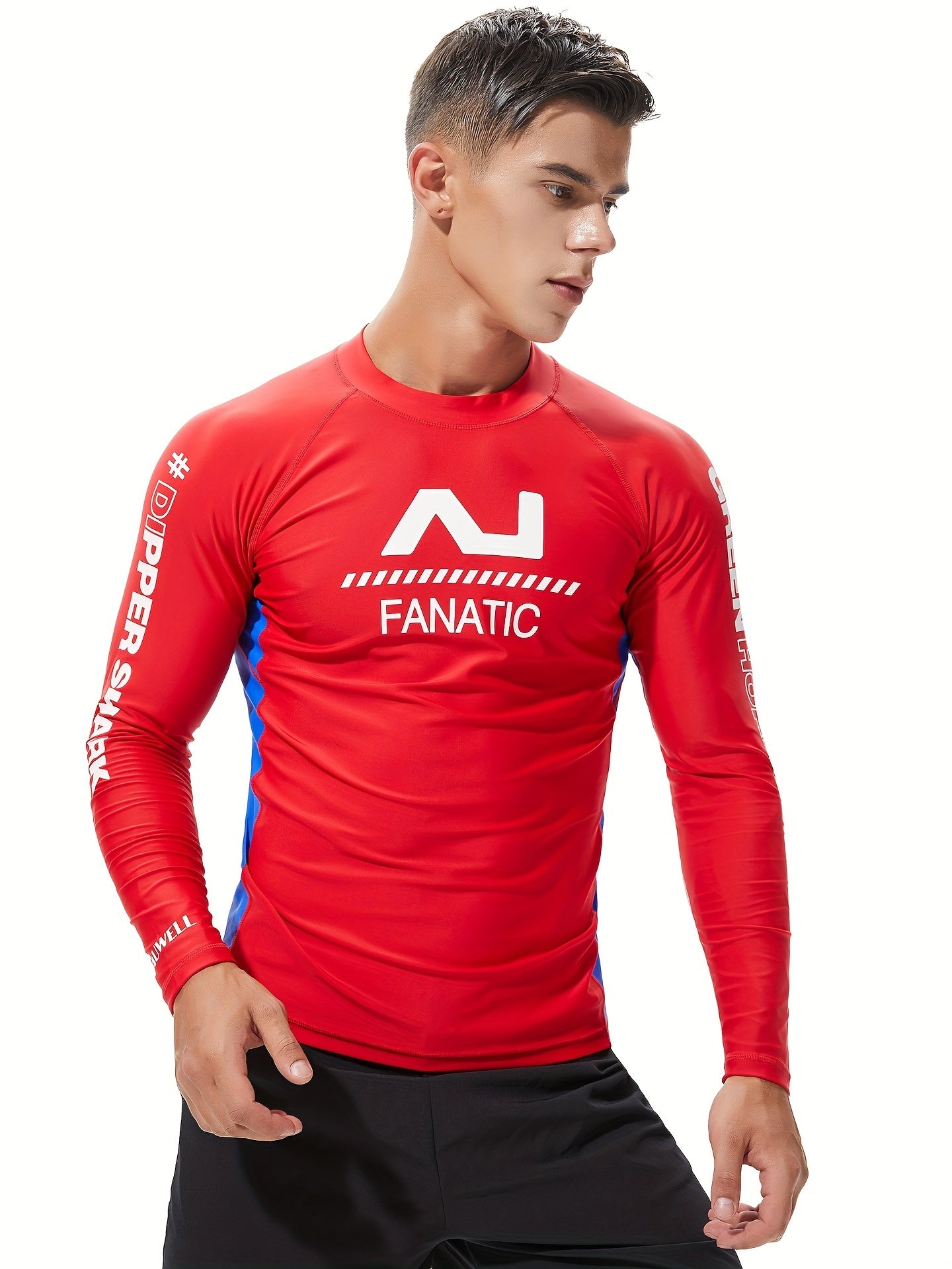 Letter Print Men's Skinny High Stretch Round Neck Top For Beach And Pool, Water Sports