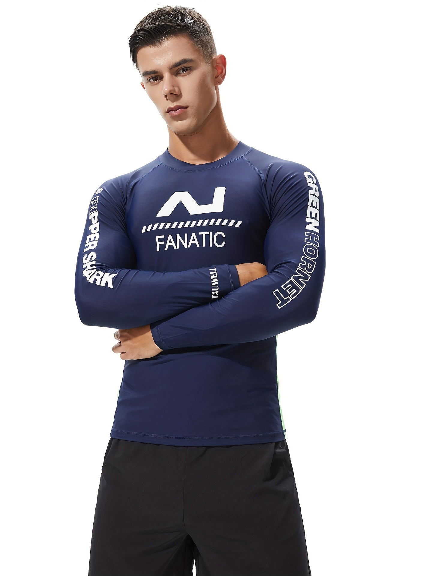 Letter Print Men's Skinny High Stretch Round Neck Top For Beach And Pool, Water Sports