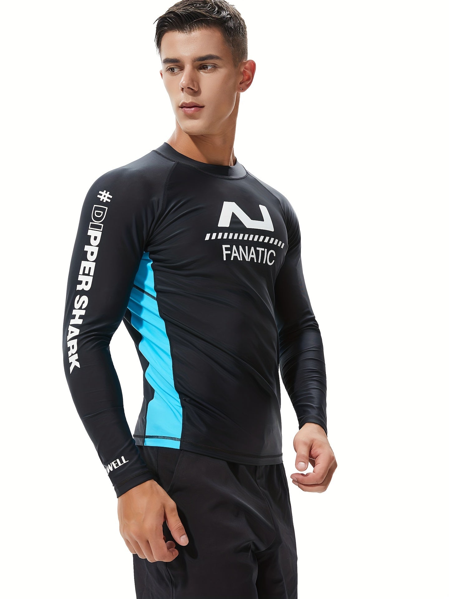 Letter Print Men's Skinny High Stretch Round Neck Top For Beach And Pool, Water Sports