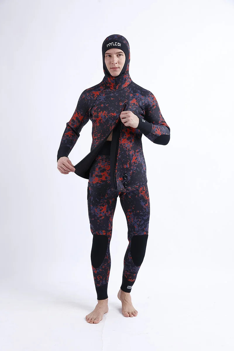 2 Pieces Of Neoprene Submersible 5MM Camouflage Wetsuit Long Sleeve Fission Hooded For Men Keep Warm Waterproof Diving Suit