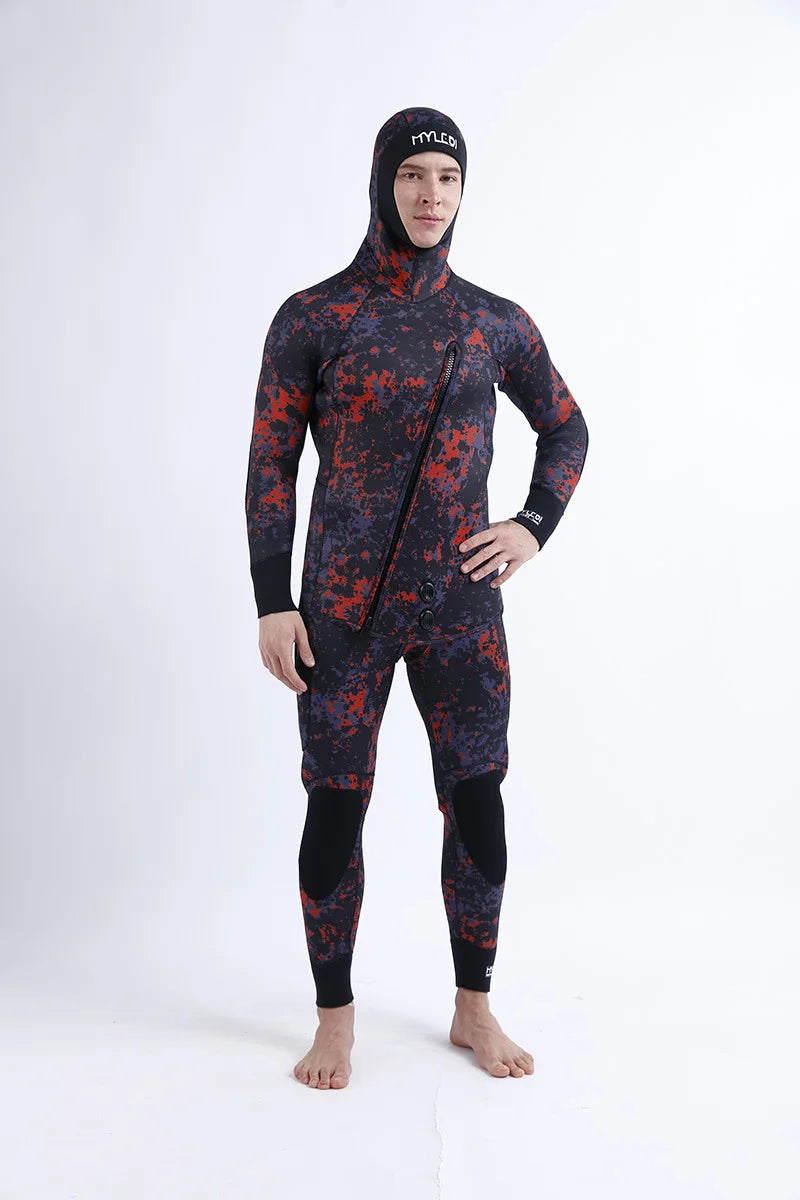 2 Pieces Of Neoprene Submersible 5MM Camouflage Wetsuit Long Sleeve Fission Hooded For Men Keep Warm Waterproof Diving Suit