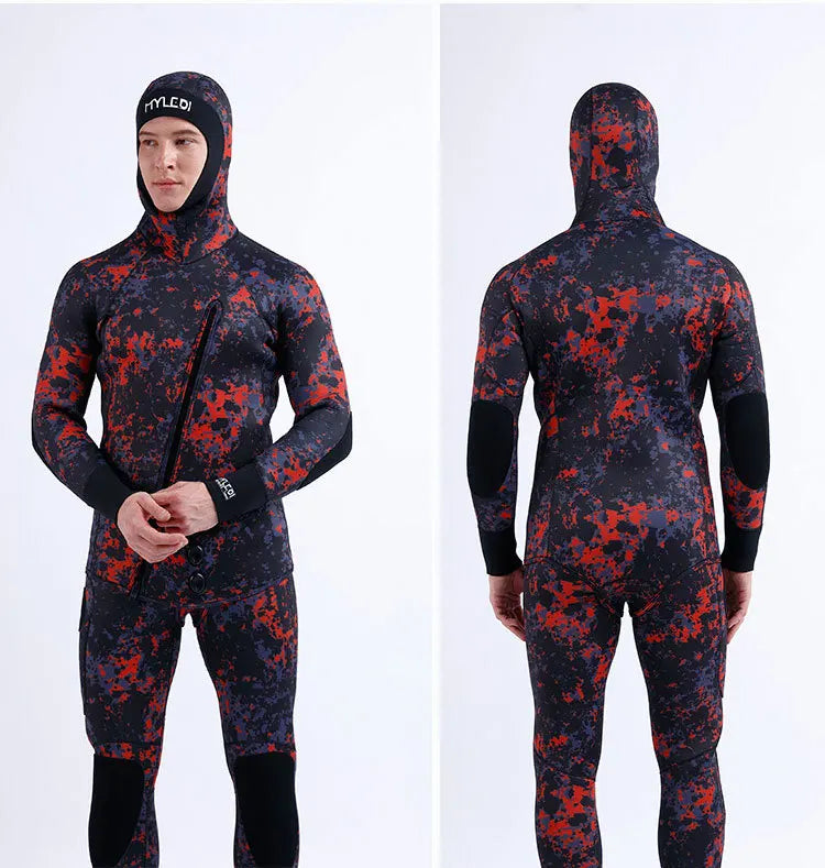 2 Pieces Of Neoprene Submersible 5MM Camouflage Wetsuit Long Sleeve Fission Hooded For Men Keep Warm Waterproof Diving Suit