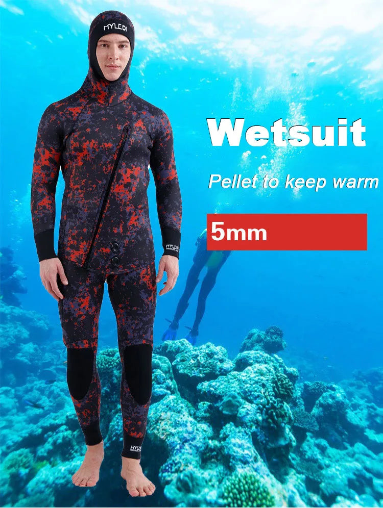 2 Pieces Of Neoprene Submersible 5MM Camouflage Wetsuit Long Sleeve Fission Hooded For Men Keep Warm Waterproof Diving Suit