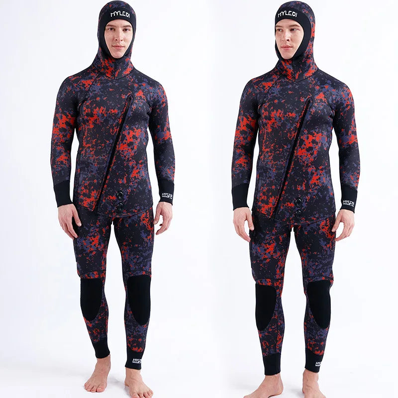 2 Pieces Of Neoprene Submersible 5MM Camouflage Wetsuit Long Sleeve Fission Hooded For Men Keep Warm Waterproof Diving Suit