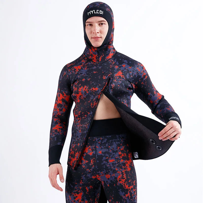 2 Pieces Of Neoprene Submersible 5MM Camouflage Wetsuit Long Sleeve Fission Hooded For Men Keep Warm Waterproof Diving Suit