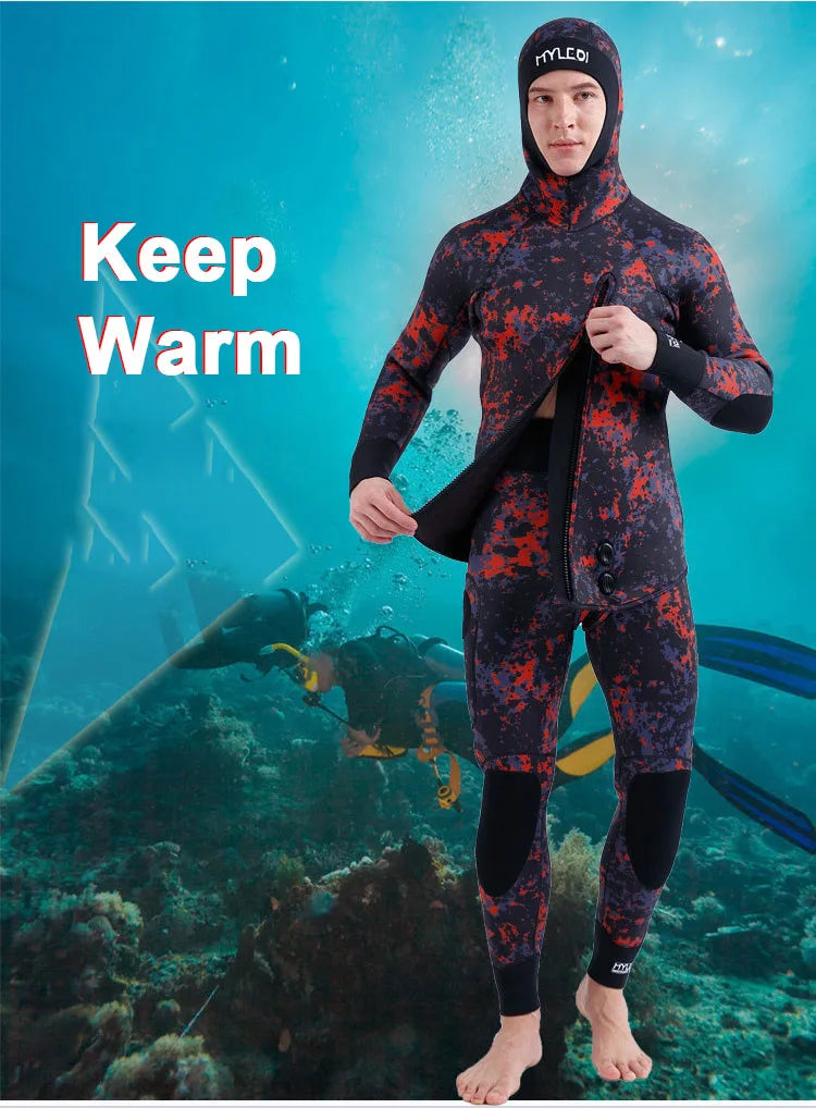 2 Pieces Of Neoprene Submersible 5MM Camouflage Wetsuit Long Sleeve Fission Hooded For Men Keep Warm Waterproof Diving Suit