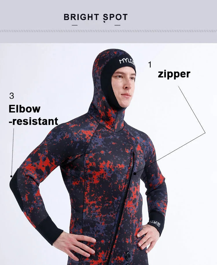 2 Pieces Of Neoprene Submersible 5MM Camouflage Wetsuit Long Sleeve Fission Hooded For Men Keep Warm Waterproof Diving Suit