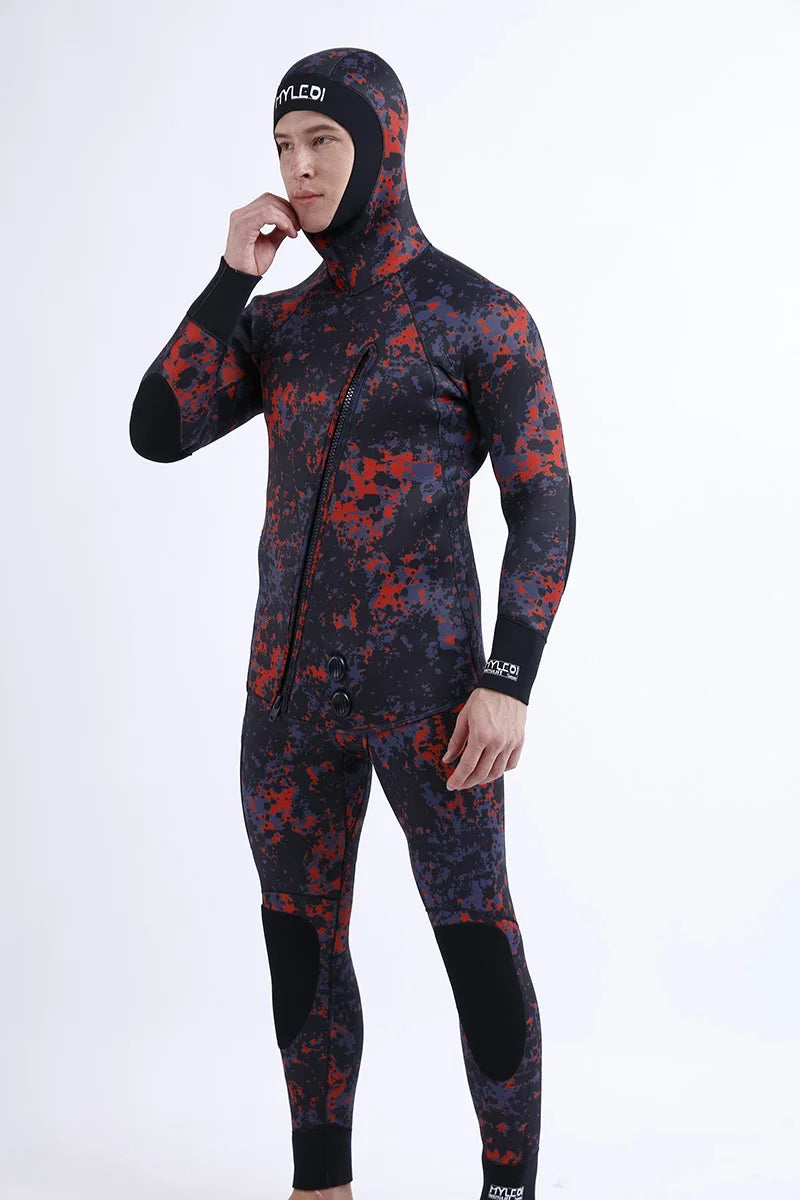 2 Pieces Of Neoprene Submersible 5MM Camouflage Wetsuit Long Sleeve Fission Hooded For Men Keep Warm Waterproof Diving Suit