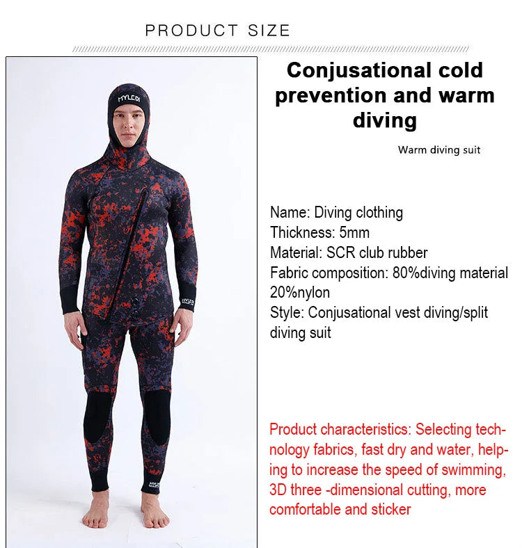 2 Pieces Of Neoprene Submersible 5MM Camouflage Wetsuit Long Sleeve Fission Hooded For Men Keep Warm Waterproof Diving Suit