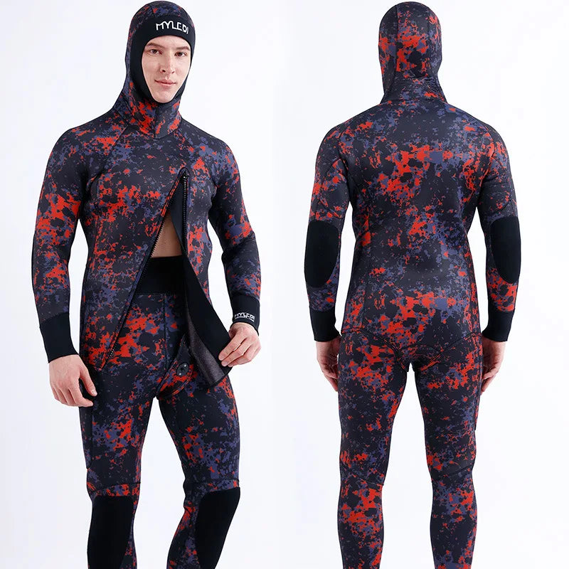2 Pieces Of Neoprene Submersible 5MM Camouflage Wetsuit Long Sleeve Fission Hooded For Men Keep Warm Waterproof Diving Suit