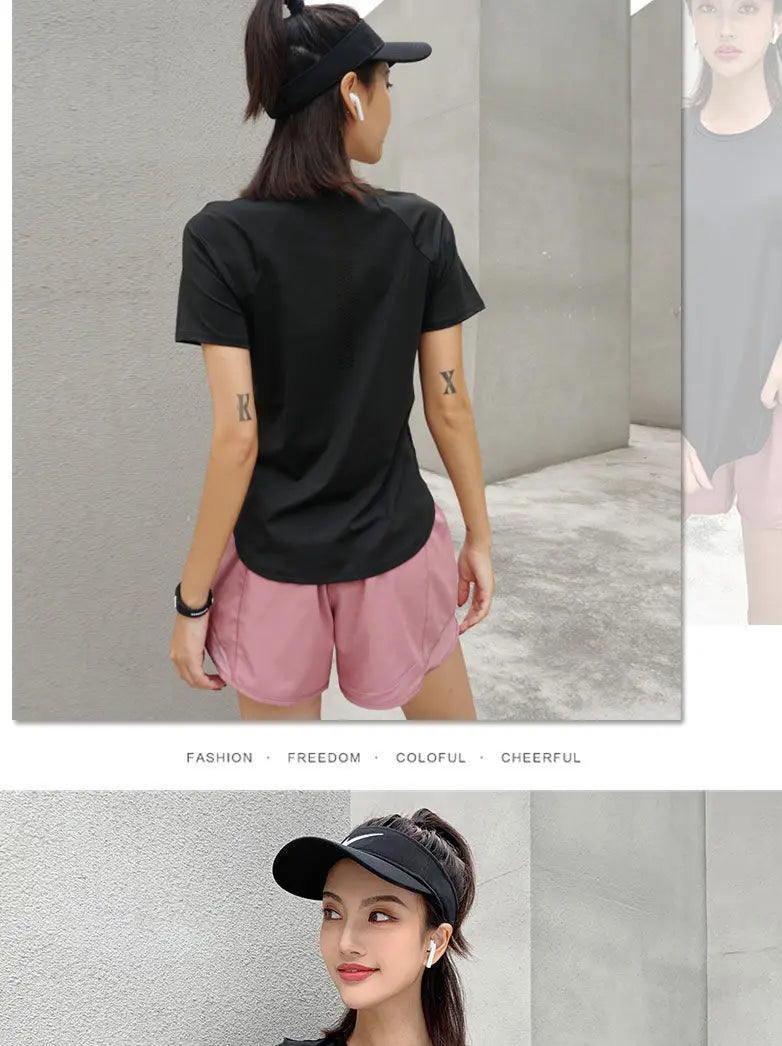 Women Sport T-shirt Quick Drying Mesh Sweat Wicking Short Sleeve Loose Slim Bodybuilding Fitness Gym Clothing