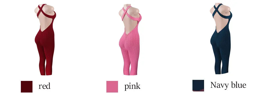 Sexy Backless Jumpsuits Women Solid Fitness Push Up Yoga Suits Elastic Seamless Jacquard Bubble Gym Sportswear Workout Clothes