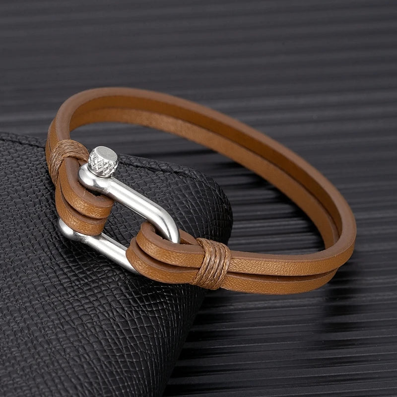 MKENDN Men's Leather Bracelet Nautical Double Strand Stainless Steel U shape Clasp Bracelets & Bangle For Women Sport Jewelry