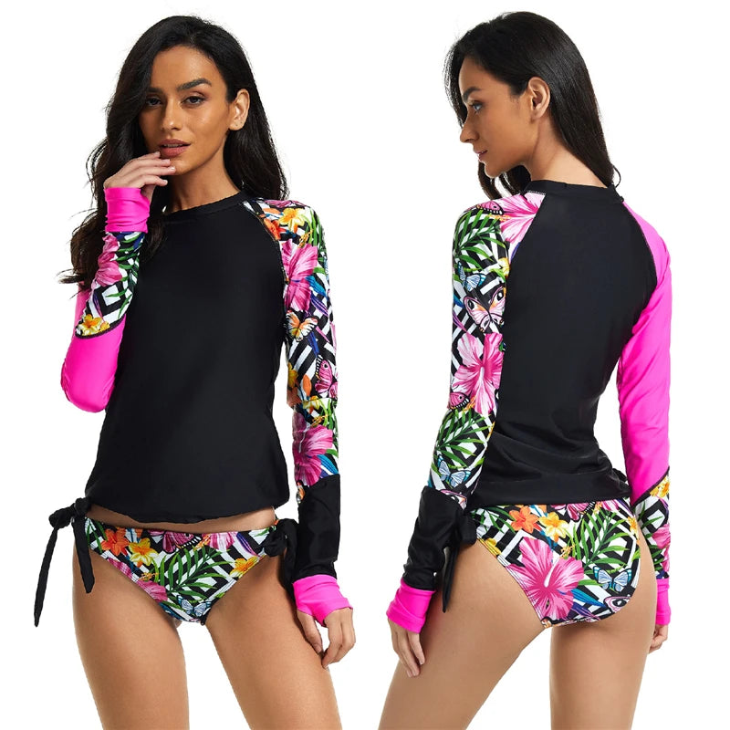 Uv rashguard feminino manga longa maiô proteção solar rash guard zíper roupa de banho duas peças impressão camisa de surf topo spa bating