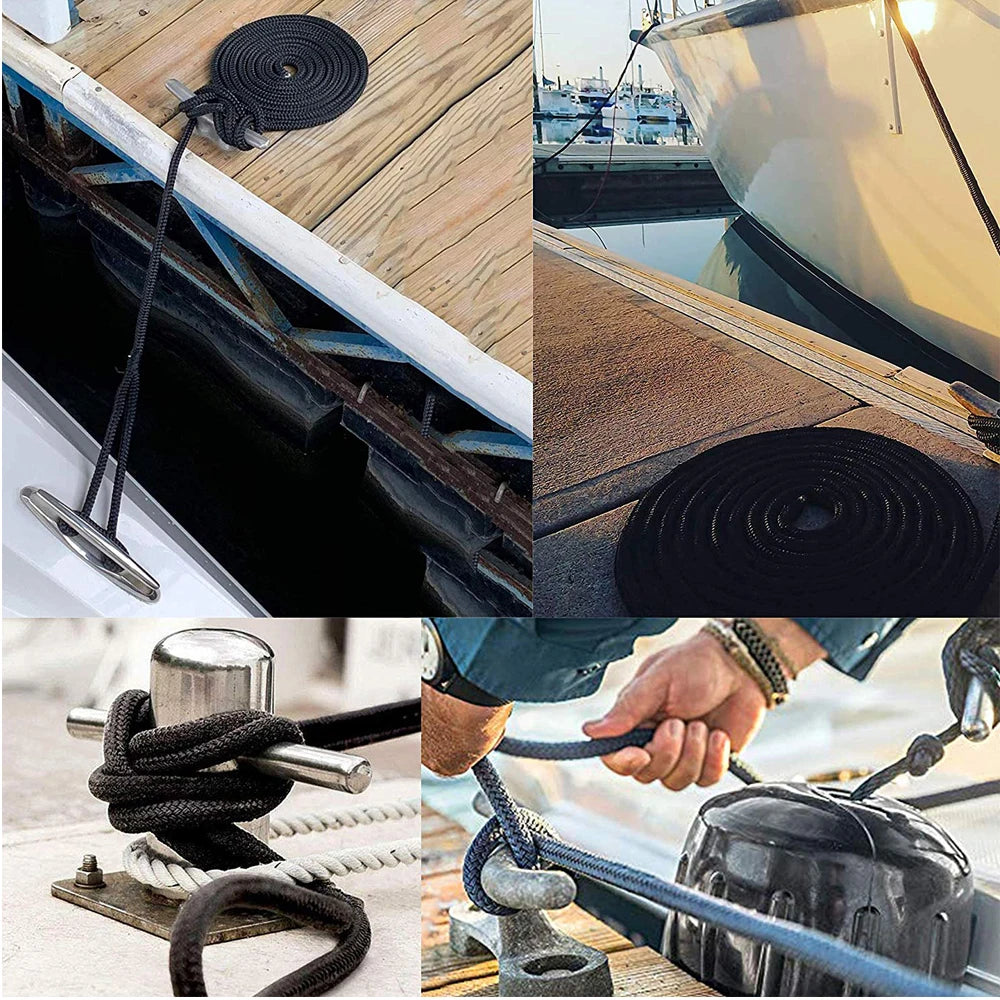 Linha de doca de barco dupla trançada de nylon preto linha de amarração corda de âncora ultra forte linhas de doca 16,5 pés 25 pés 50 pés