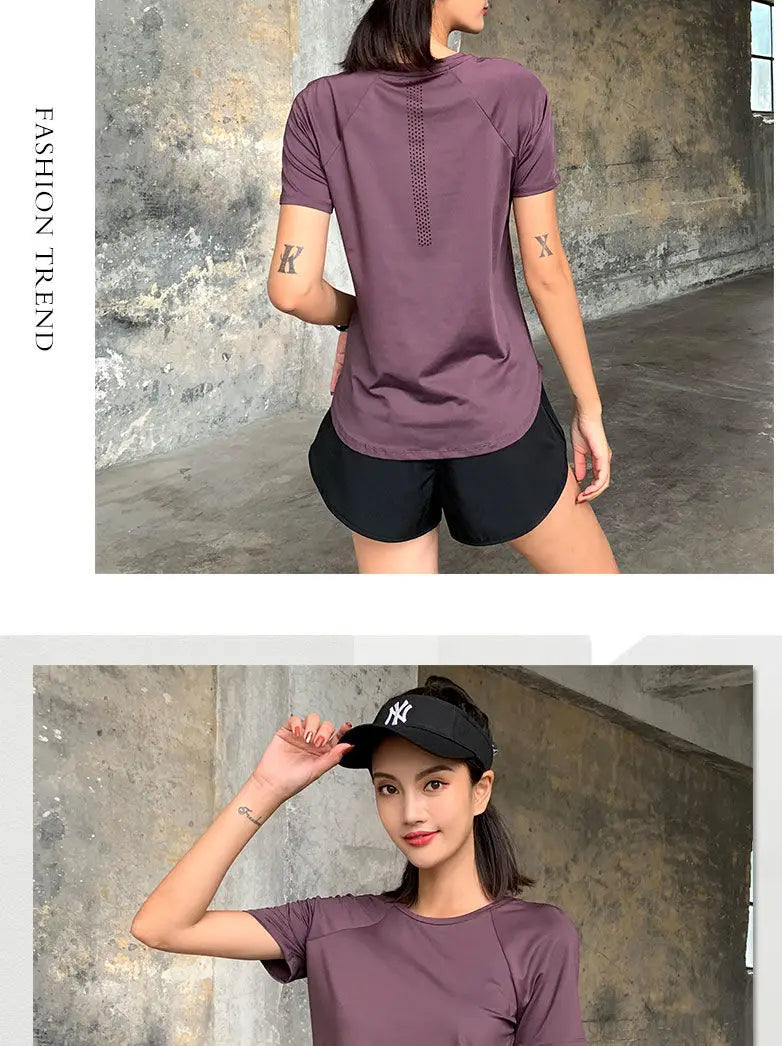 Women Sport T-shirt Quick Drying Mesh Sweat Wicking Short Sleeve Loose Slim Bodybuilding Fitness Gym Clothing