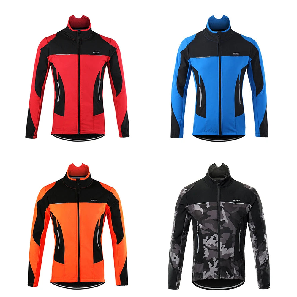 ARSUXEO Fleece Thermal Cycling Jacket Autumn Winter Warm Up Bicycle Clothing Windproof Windbreaker Coat MTB Bike Jerseys