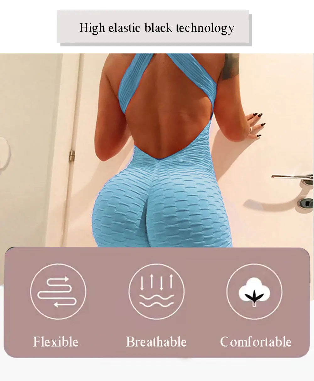 Sexy Backless Jumpsuits Women Solid Fitness Push Up Yoga Suits Elastic Seamless Jacquard Bubble Gym Sportswear Workout Clothes