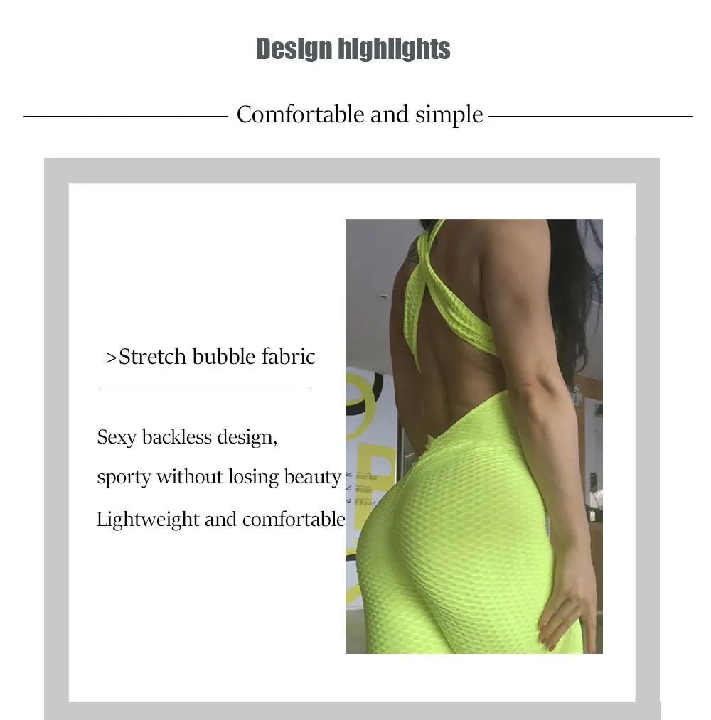 Sexy Backless Jumpsuits Women Solid Fitness Push Up Yoga Suits Elastic Seamless Jacquard Bubble Gym Sportswear Workout Clothes