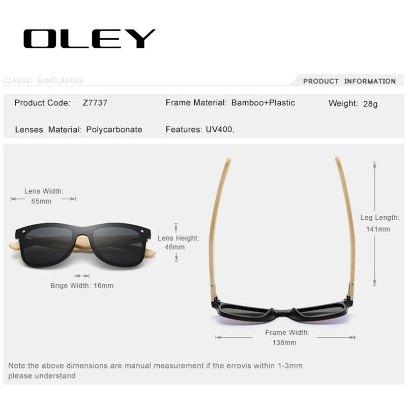 OLEY Natural Bamboo wood Sunglasses Men Polarized Fashion Glasses Original Bamboo Oculos de sol masculino Support custom logo