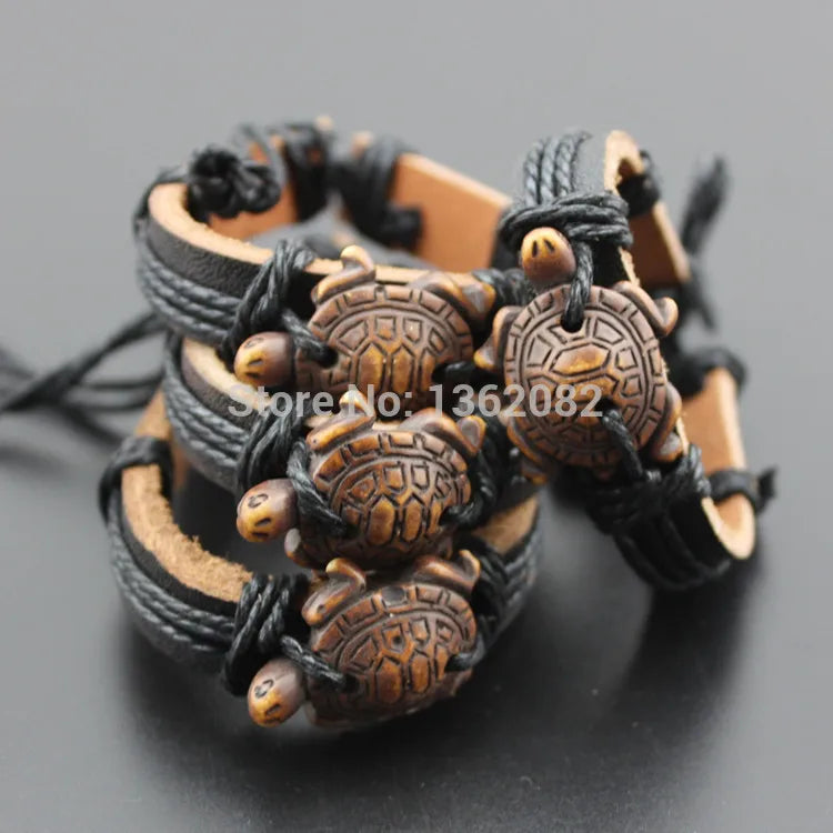 Cool Carving Tribal style Sea Turtles Pendant Surf Leather Bracelet Bangles Gift MB81