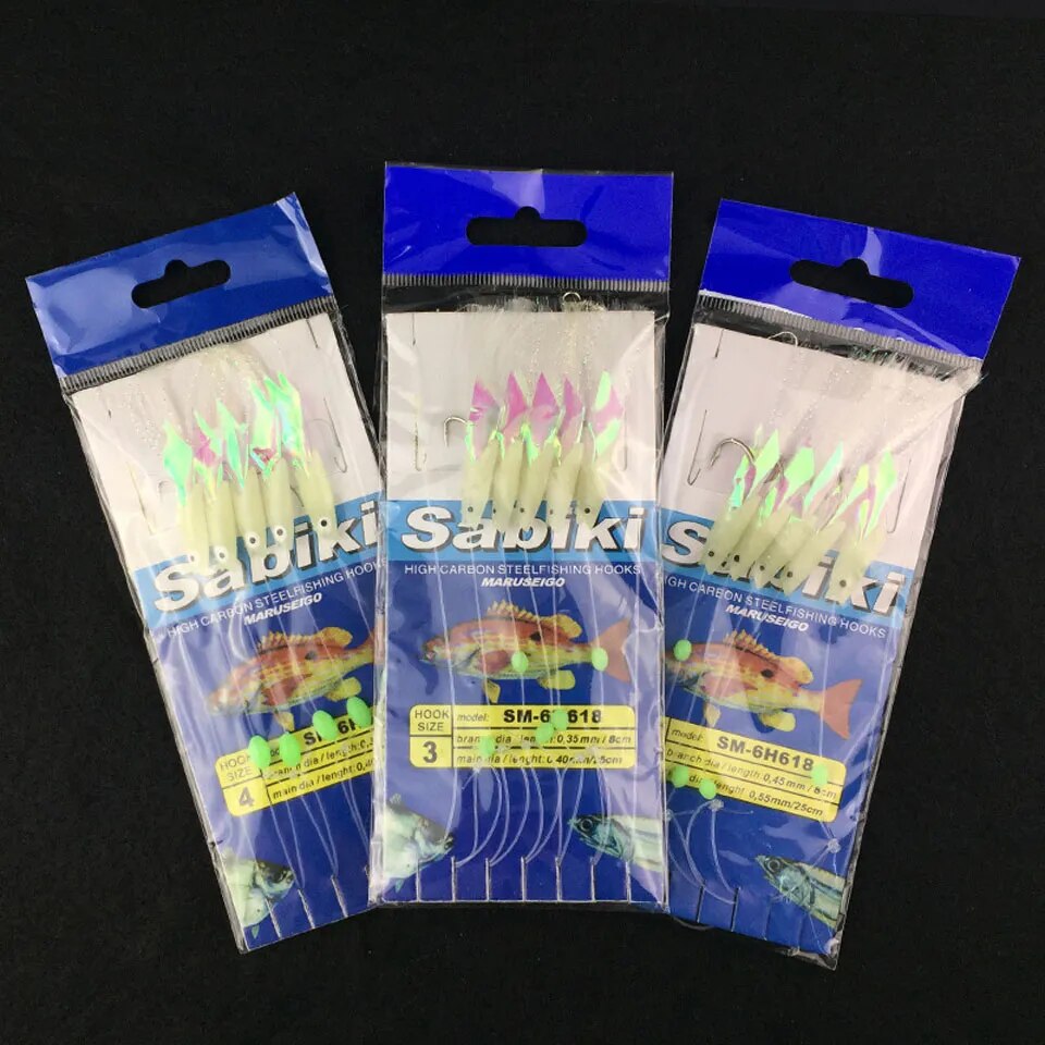 5Pcs/Set High Quality Carbon Steel Mackerel Feathers Bass Cod Lure Sea Fishing Luminous Fishing Hook Treble Bait Fishing Wire