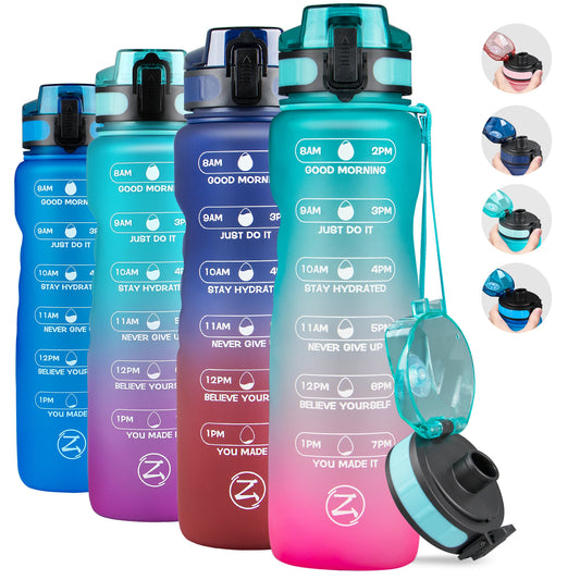 ZOMAKE 32oz Motivational Water Sport Bottle with Time Marker Leakproof BPA Free Fruit 1 Liter Travel Kettle Drinking Water Bottl