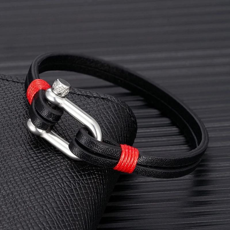 MKENDN Men's Leather Bracelet Nautical Double Strand Stainless Steel U shape Clasp Bracelets & Bangle For Women Sport Jewelry