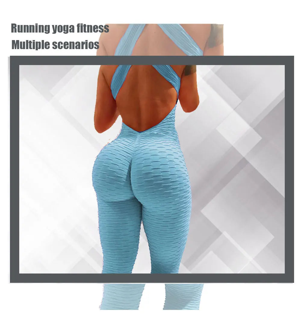 Sexy Backless Jumpsuits Women Solid Fitness Push Up Yoga Suits Elastic Seamless Jacquard Bubble Gym Sportswear Workout Clothes