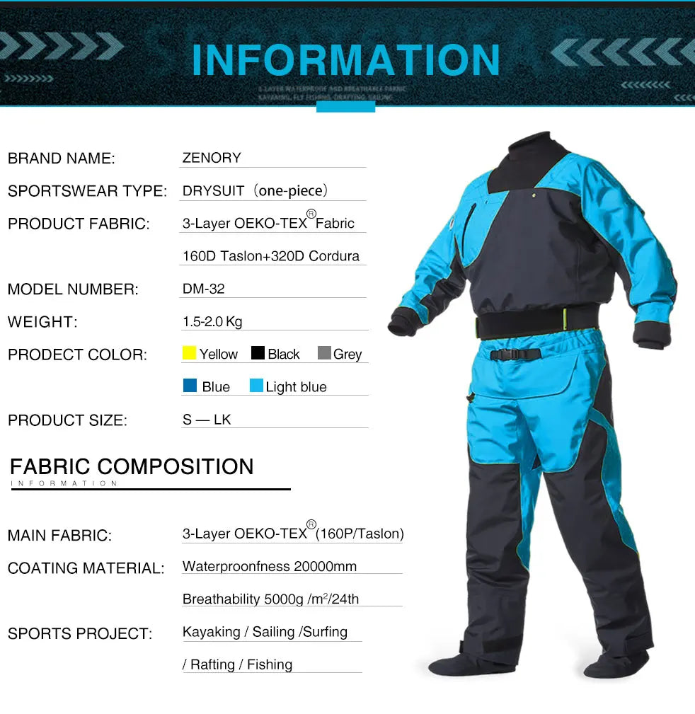 Men Drysuits Latex Cuff and Splash Collar Flatwater Paddling Waterproof Breathable Dry Suit DM32