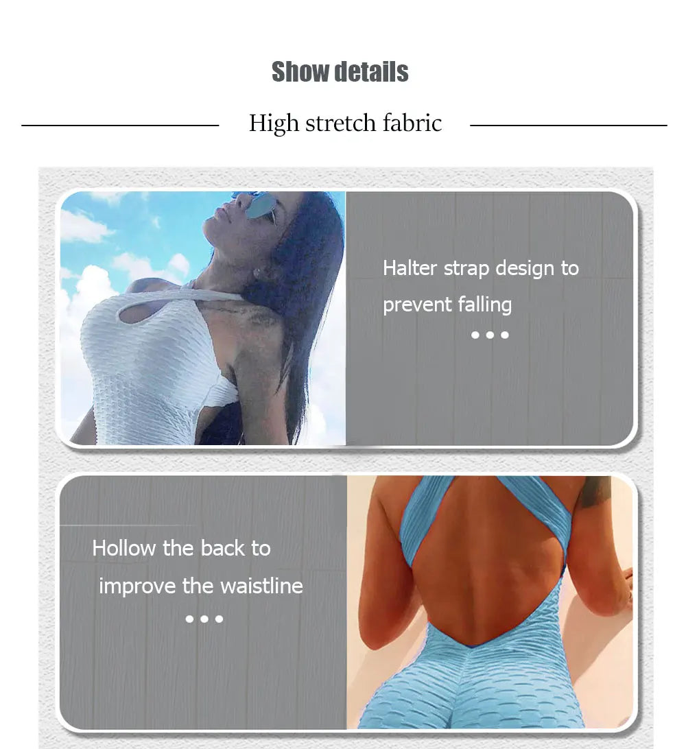 Sexy Backless Jumpsuits Women Solid Fitness Push Up Yoga Suits Elastic Seamless Jacquard Bubble Gym Sportswear Workout Clothes