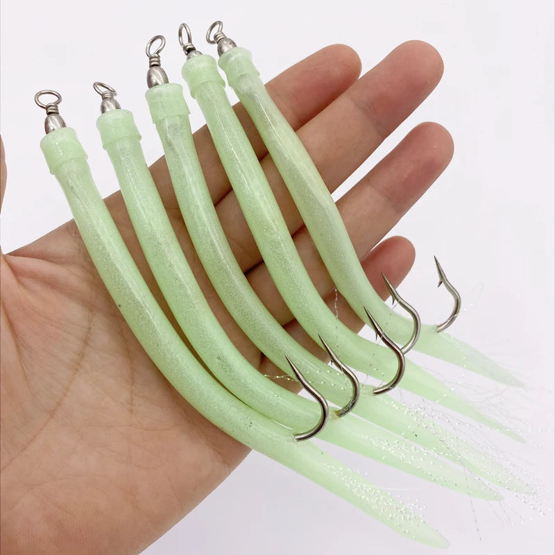 5Pcs*CodfishFishing Eel Tube Jig bait shank offset Hook Barbed Octopus Hook Rolling Swivel Thread Feather Sabiki Rig Sea Fishing