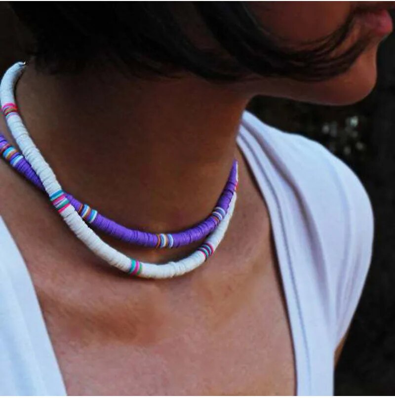 G.YCX Rainbow Color Heishi Necklace Choker Women Men Disc Vinyl Clay Bead Boho Necklace Summer African surf Couple Jewelry