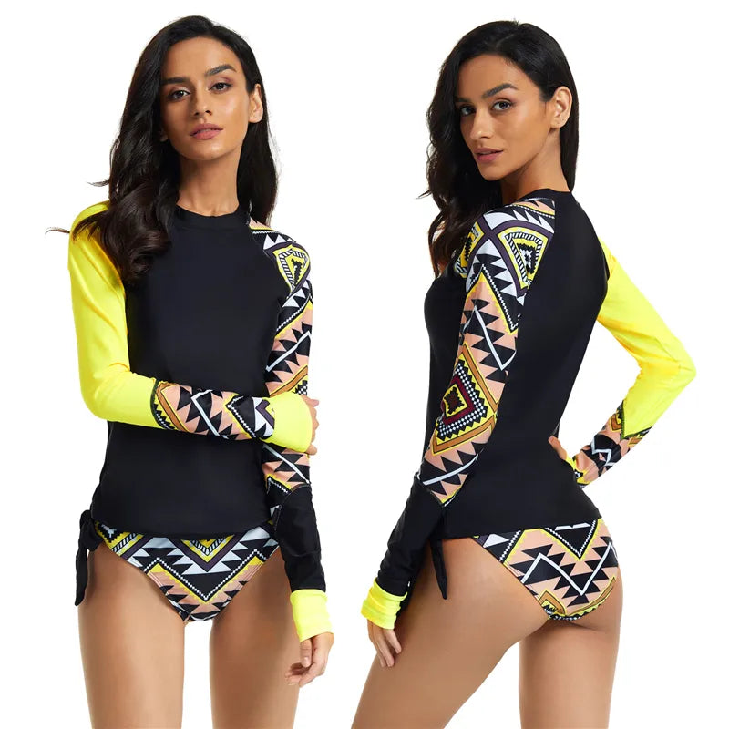 UV Rashguard Women Long Sleeve Swimsuit Sun Protection Rash Guard Zipper Swimwear Two Pieces Print Surf Shirt Top Spa Bating