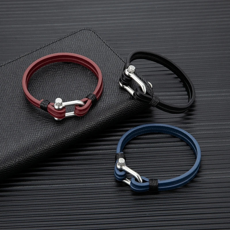 MKENDN Men's Leather Bracelet Nautical Double Strand Stainless Steel U shape Clasp Bracelets & Bangle For Women Sport Jewelry