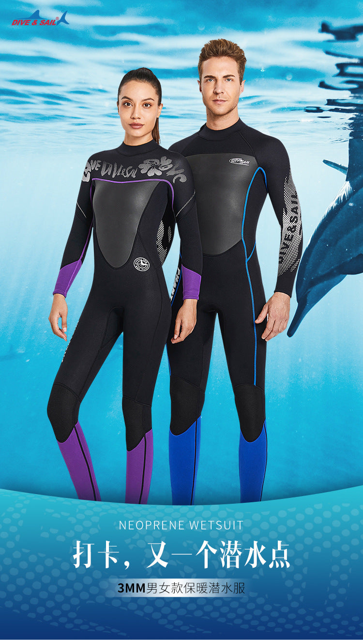 3MM Neoprene One-Piece Thick Warm Wetsuit Men Women Long Sleeved Cold-Proof Surfing Suit Snorkeling Swimming Jellyfish Suit
