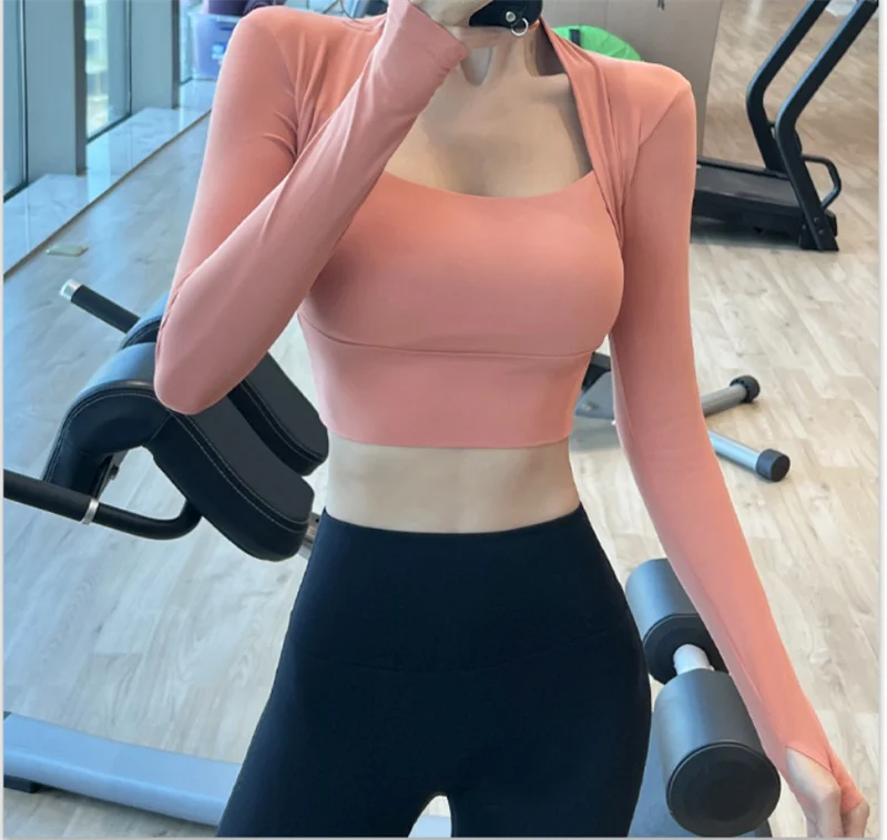 Aiithuug Padded Yoga Shirts Long Sleeve Yoga Crop Tops Low Cut Shirts Gym Shirt Workout Gym Top Insert Pads Slim Fit Sports Sexy