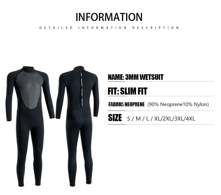 3MM Wetsuits Men Neoprene Diving Surfing Swimming Full Suits Cold Water Keep Warm Zipper Water Sports Full Diver Suit