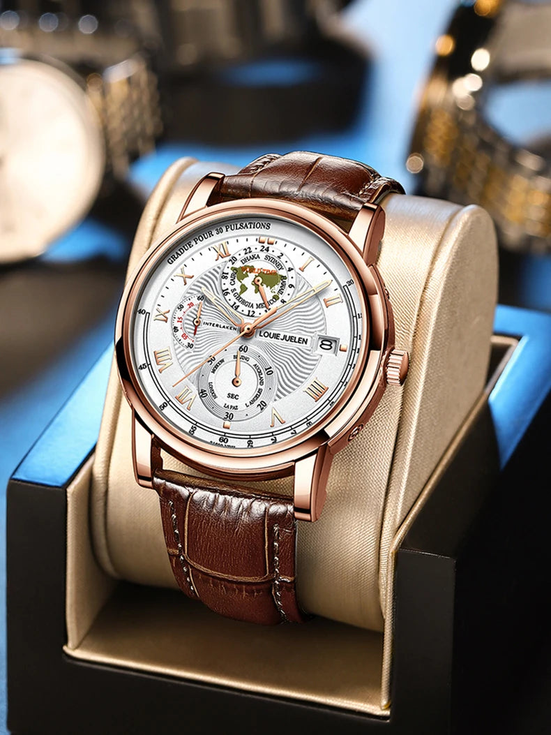 2023 Mens Watches Luxury Fashion Leather Strap Waterproof Quartz Chronograph Watch For Men Map Nautical Elements Wristwatches