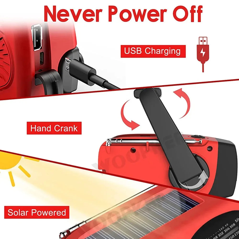 Woopker Radio E30 10000mAh FM Emergency Radio Solar Hand Crank Generator AM/FM/NOAA LED Portable Radio SOS Alarm Power Bank