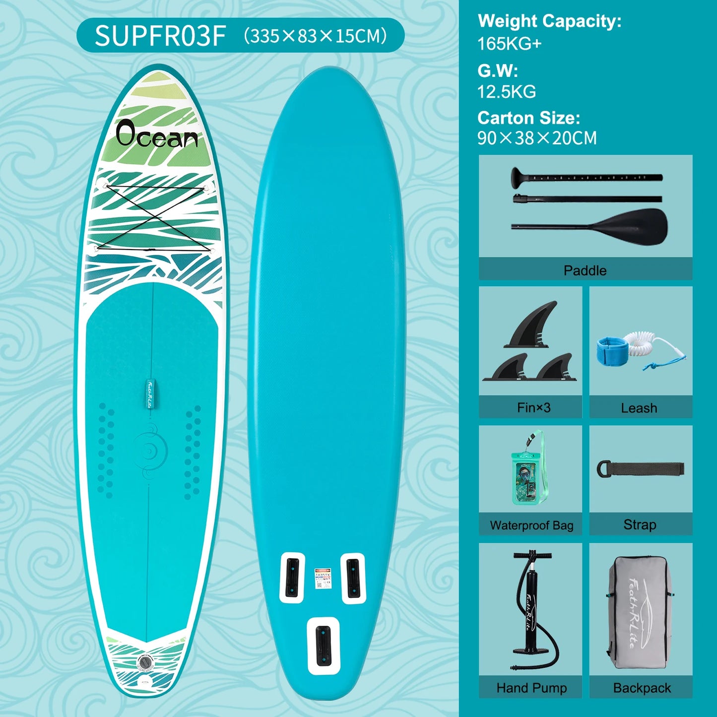 FunWater Sup Board Inflatable Surfboard Stand Up Paddling Board Complete Inflatable Sup Paddle Board Accessories 335×83×15CM