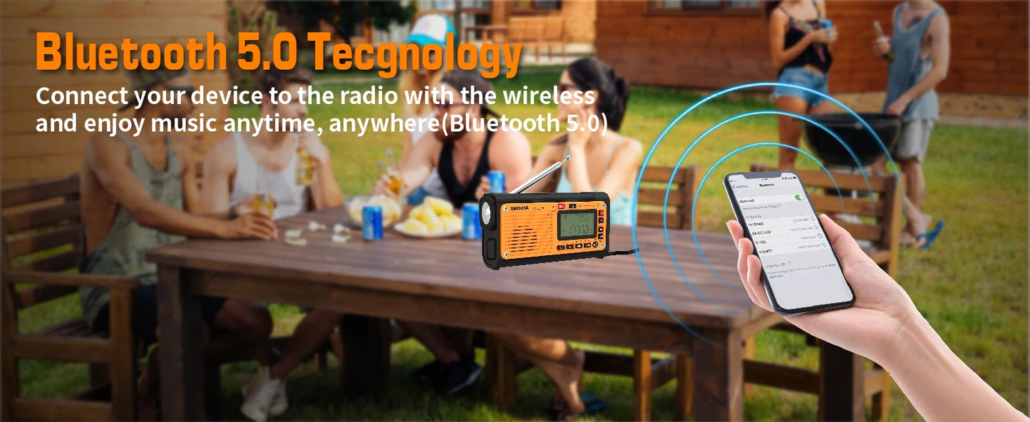 XHDATA D-608WB Emergency Crank Weather Radio FM/AM/SW/NOAA Alert Portable Radio with Phone Charger, Bluetooth, Battery Operated