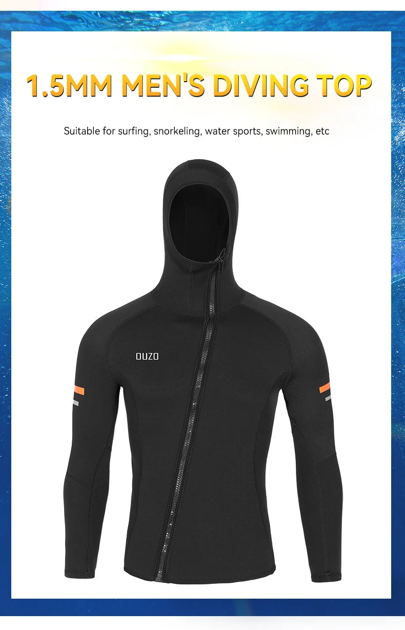 Men's 1.5mm Neoprene Hooded Diving Top Long Sleeves Wetsuit Jacket Split Sun Protection Anti-jellyfish Surfing Swimming Swimsuit