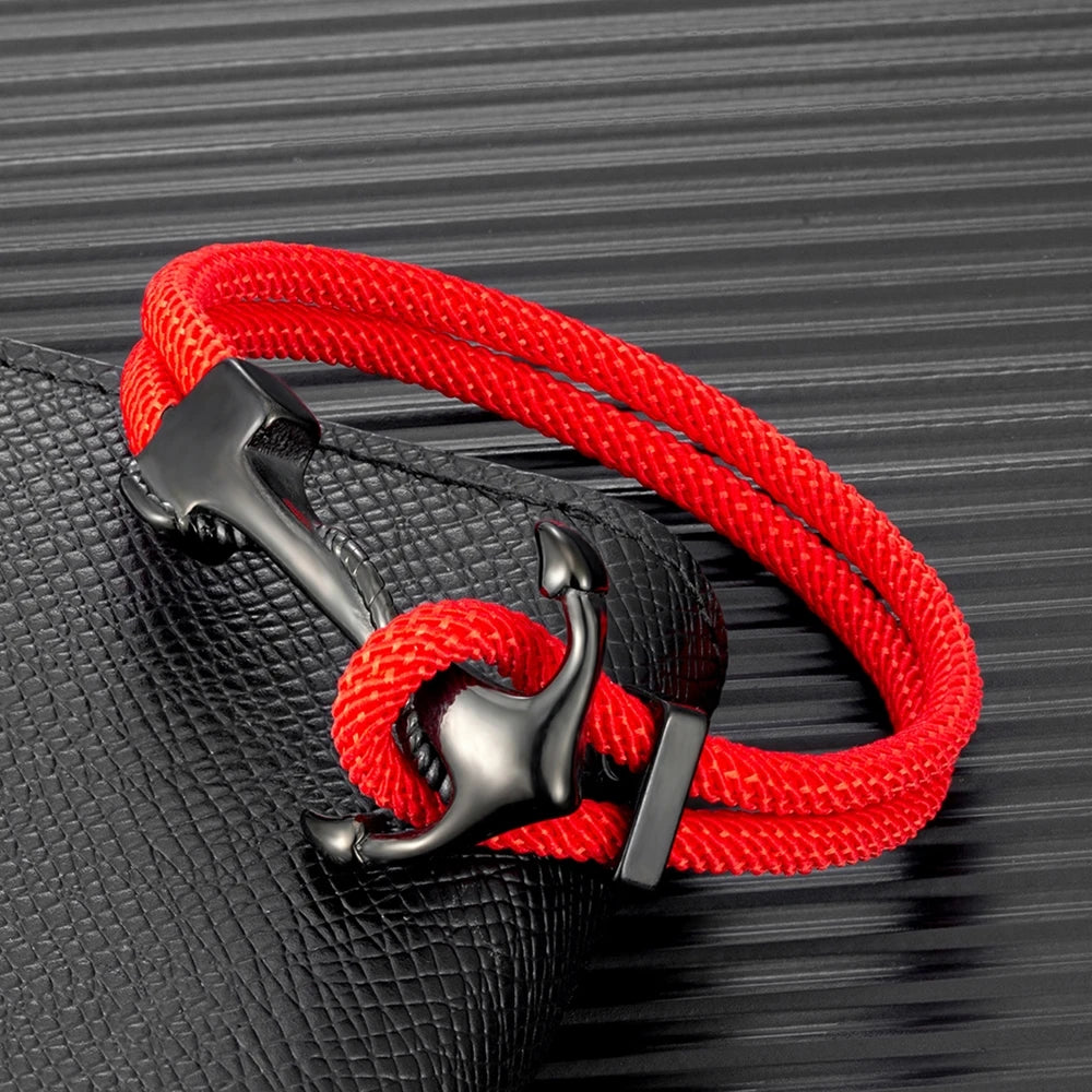 MKENDN Anchor Bracelets Men Double Strand Nautical Survival Rope Paracord Bracelet Women Black Stainless Steel Navy Sport Buckle