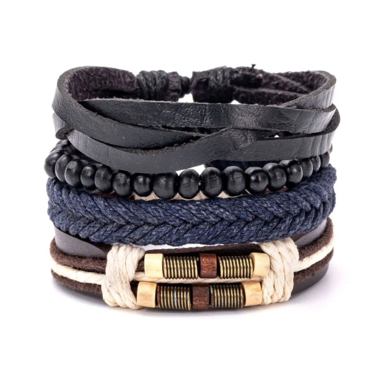 4Pcs/ Set Braided Wrap Leather Bracelets for Men Vintage Life Tree Rudder Charm Wood Beads Ethnic Tribal Wristband Rope Bracelet